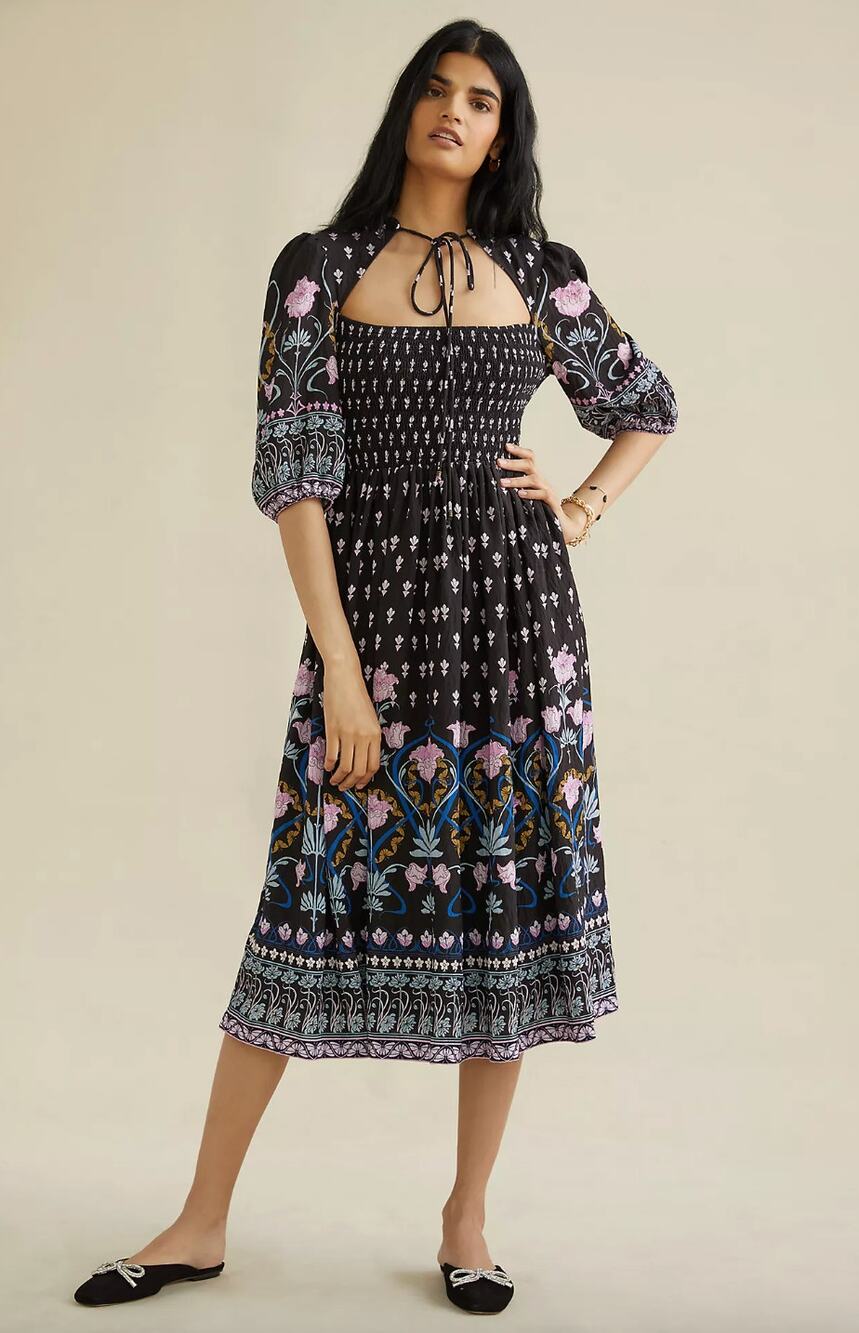 NEW Anthropologie Dasha Smocked Midi Dress Viscose A Line Boho Floral Cottage XS
